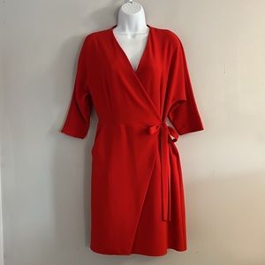TOPSHOP red wrap dress front pockets 3/4 sleeves